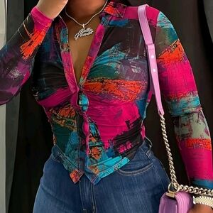 Long Sleeve Multi-Color Abstract Button Front Top